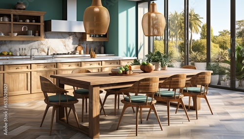 elegant kitchen with rattan boho style interiors