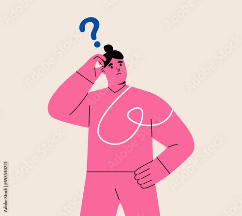 Women in thoughts, pondering, wondering. Uncertain confused persons. Colorful vector illustration