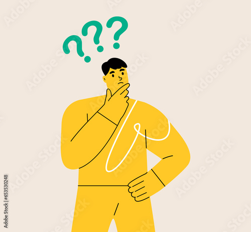 Men in thoughts, pondering, wondering. Uncertain confused persons. Colorful vector illustration