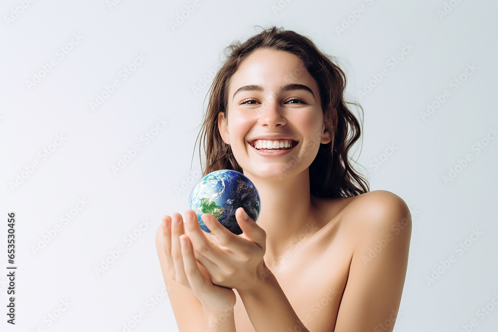 A beautiful young woman holds the Earth in her hands. Hope for the future. Ecology, sustainability, climate change crisis, environment, ecology. A beautiful young woman holds the Earth in her hands. Hope for the future. Ecology, sustainability, climate change crisis, environment, ecology.