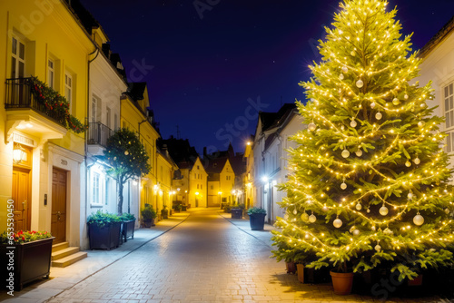 Enchanting Christmas Tree Decoration on a Festive Night Street Holiday Lights  AI Generated