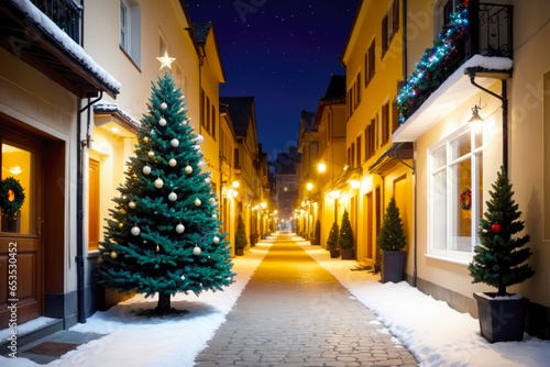 Twinkling Lights and Christmas Tree Magic Nighttime Street Celebration, AI Generated © GOLVR