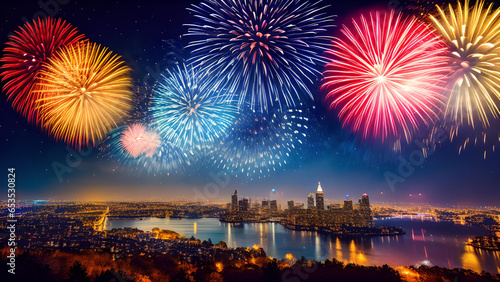 colorful night sky background, fireworks celebration event, new year celebration night sky, colorful explosion over the city near the water background, wallpaper