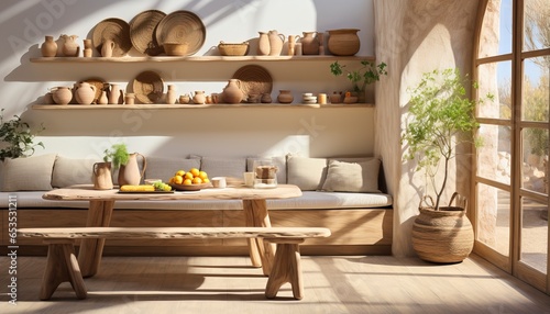 living room with rattan boho style interior