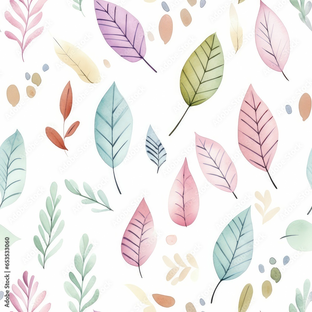 leaf pastel hand painted watercolor seamless pattern background