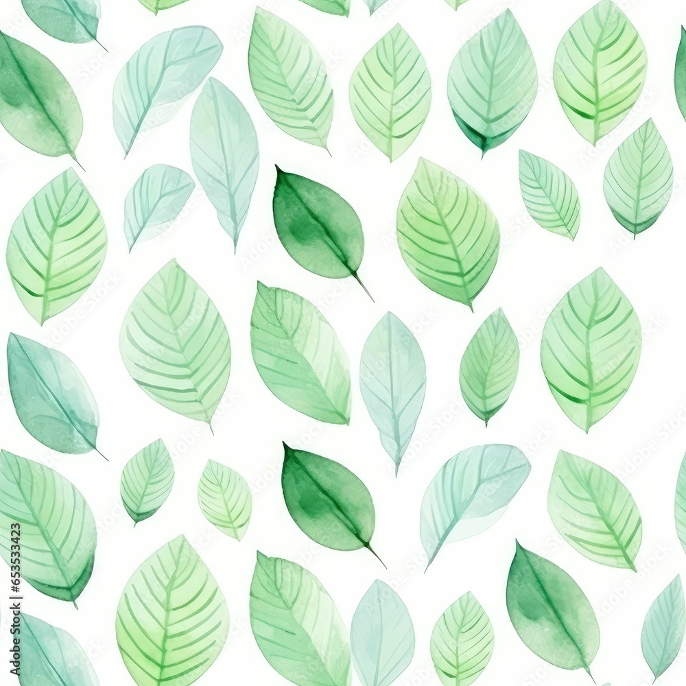 green leaf hand painted watercolor seamless pattern background