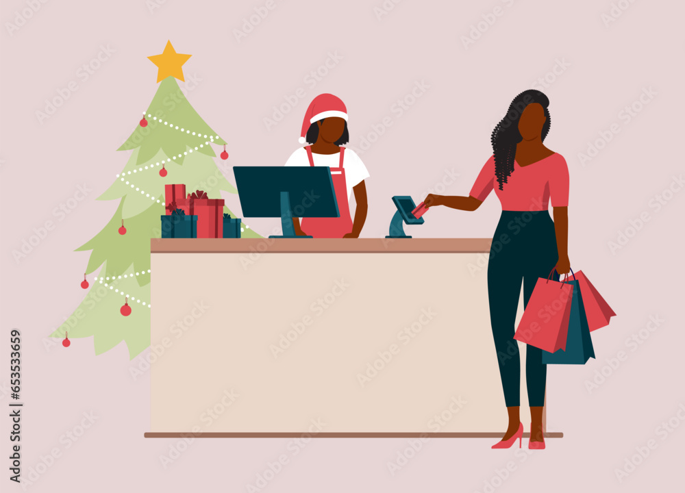 Black Woman With Shopping Bag Paying With Credit Card. Lady Cashier With Santa Hat And Apron Serving Customer At Checkout Counter. Full Length. Flat Design. Black Woman With Shopping Bag Paying With Credit Card. Lady Cashier With Santa Hat And Apron Serving Customer At Checkout Counter. Full Length. Flat Design.