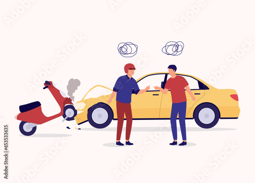 Two Angry Men Disputing Fault In A Car And Motor Vehicle Accident. Full Length. Flat Design.