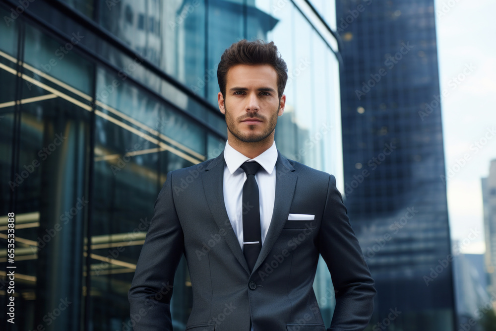 Fototapeta premium European man in a suit and tie, standing in front of a modern skyscraper