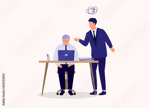 Senior Man Employee With Face Looking Down Sitting Sadly At His Working Desk Being Scolded By His Angry Boss. Full Length. Flat Design.