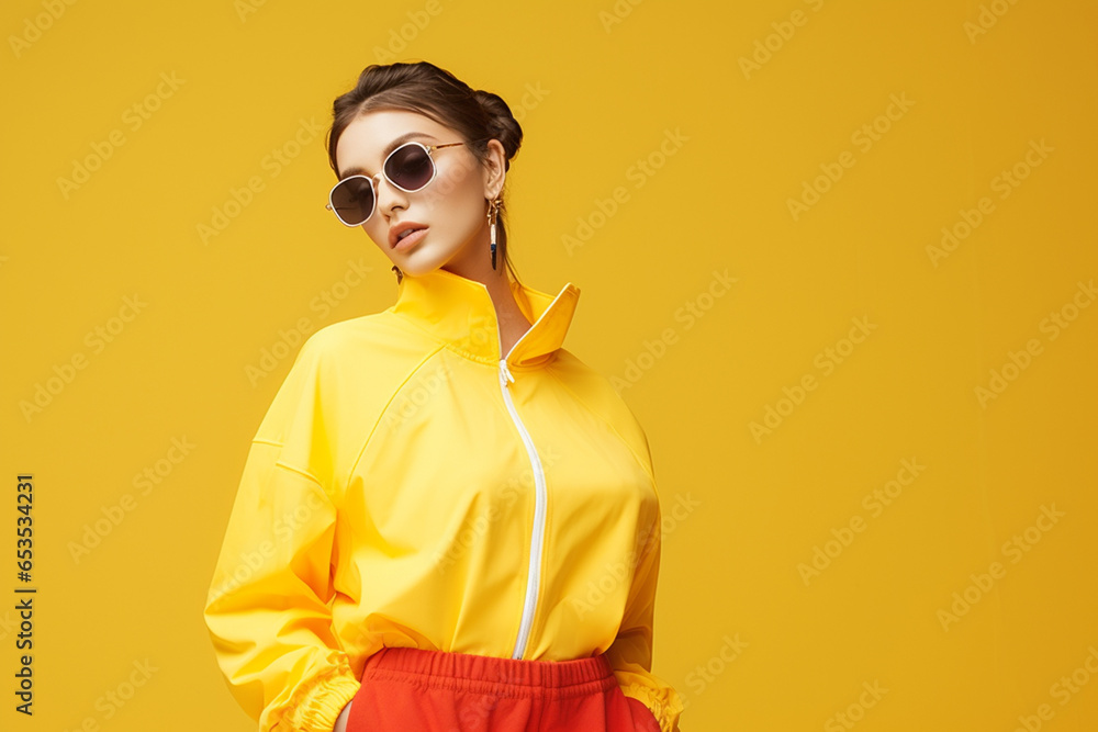 Fashion girl in sportswear on yellow background Fashion girl in sportswear on yellow background