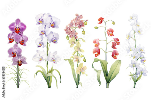 Orchid branch floral set isolated on a white background. Watercolor illustration.
