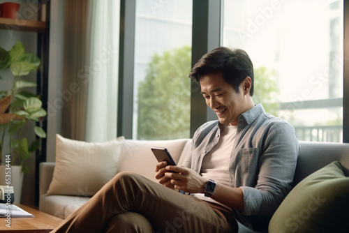 An adult Asian single man sits on the sofa at home looking at the phone