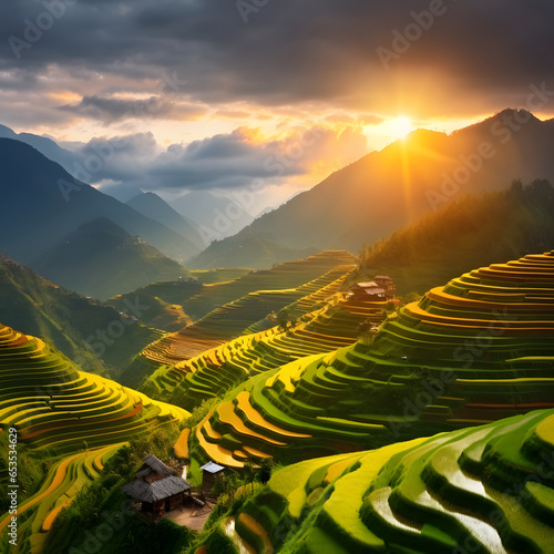 Photo panorama rice fields on terraced in sunset at mu cang chai  photo