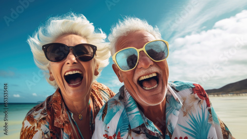 Happy senior couple person laughing together with sunglasses on the beach and blue sky background. Nature travel and photography concept. © Virtual Art Studio