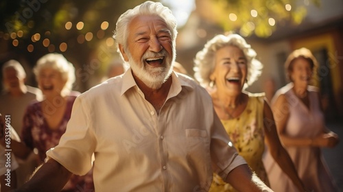 Elderly friends dancing and having Fun at outdoor party