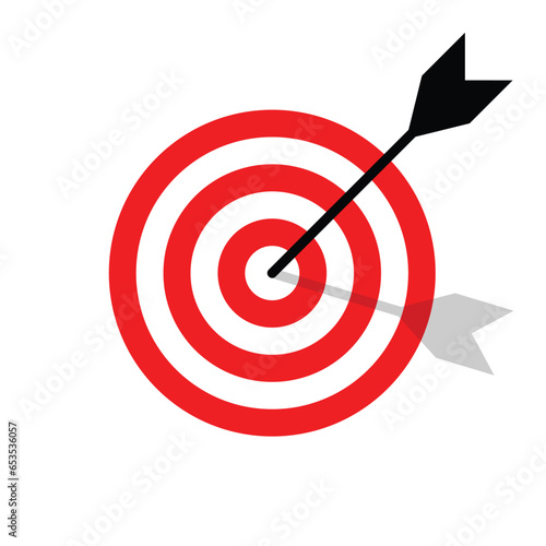 Target with black arrow and its shadow icon isolated on white background. Vector illustration