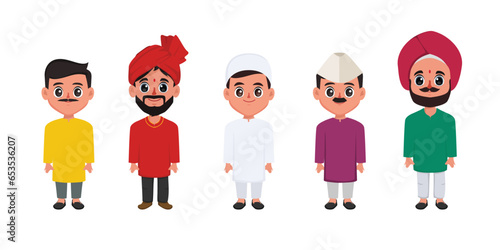 Group indian people standing together in different traditional national clothes hindu man on white background in flat style. Vector illustration.