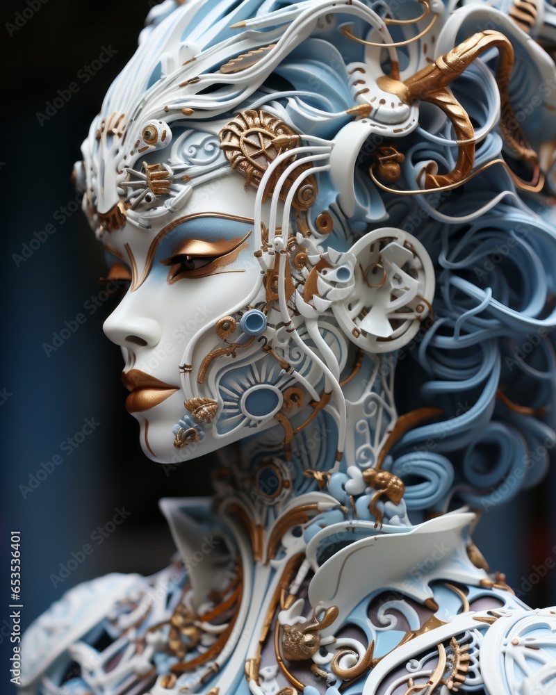 Φωτογραφία This stunning outdoor sculpture of a woman in a vibrant blue and gold garment ex