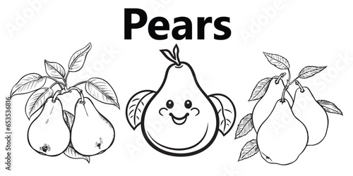 Cute And Happy Pears Lineart coloring page vector illustration