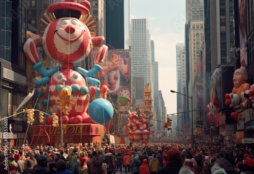 A huge clown floats through NYC with pilgrims and spectators ahead of the start of the annual Macy's Thanksgiving Day Parade photo