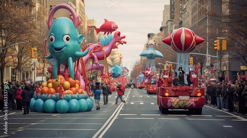 Sea animal balloons float through NYC with pilgrims and spectators ahead of the start of the annual Macy's Thanksgiving Day Parade photo