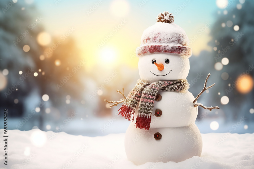Funny snowman in warm knitted hat and scarf on snow with bokeh lights background