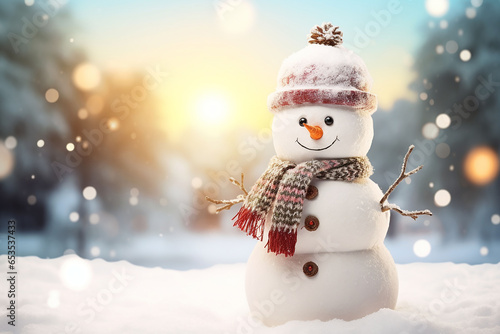 Funny snowman in warm knitted hat and scarf on snow with bokeh lights background © Aonsnoopy