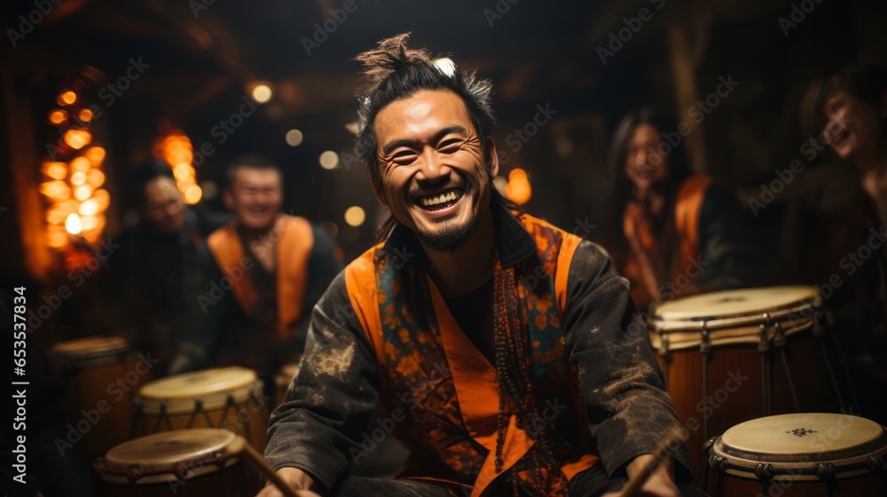 At a vibrant indoor concert, a person clothed in music plays a percussion instrument, captivating the audience with their joyful and energetic performance