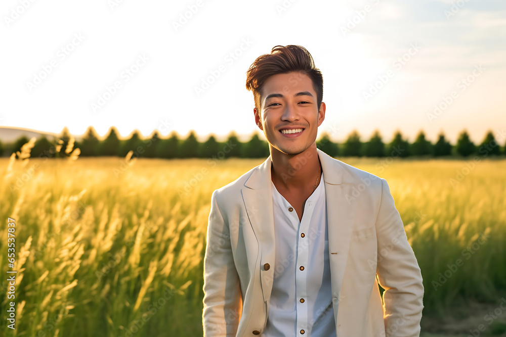 Model man smiling and standing on a country road close to the wild steppe field during the sunset. Generative AI.