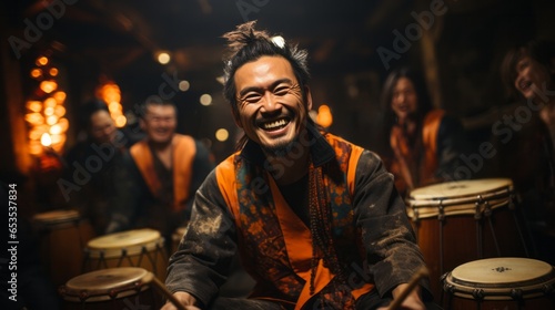 At a vibrant indoor concert  a person clothed in music plays a percussion instrument  captivating the audience with their joyful and energetic performance