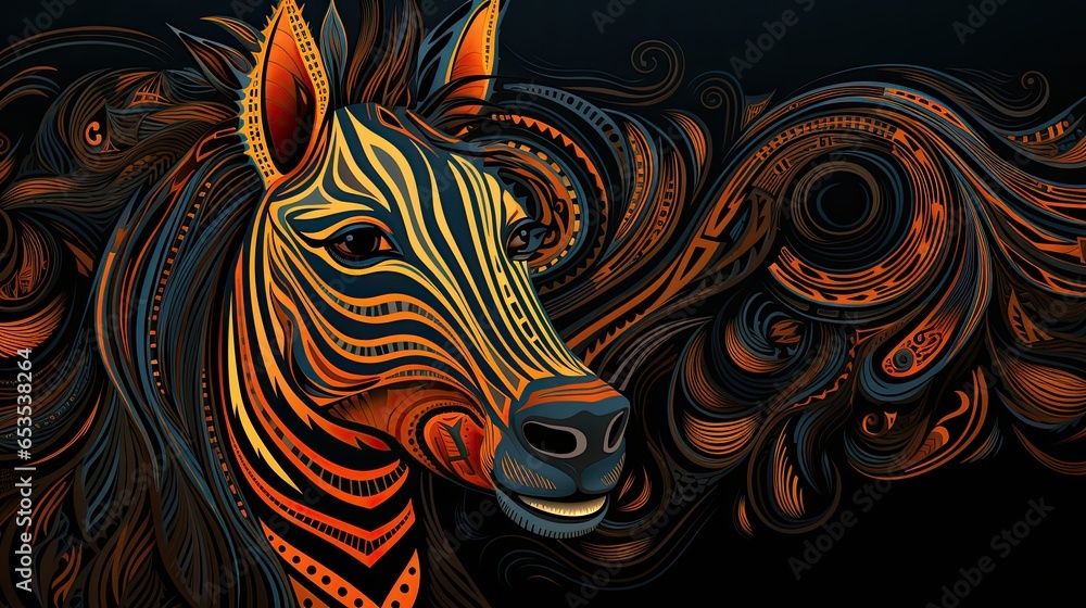 Illustration of a zebra in African style. Transport your creative projects to the heart of Africa with these traditional patterns, ready for ornamentation, background design, carpets, packaging Illustration of a zebra in African style. Transport your creative projects to the heart of Africa with these traditional patterns, ready for ornamentation, background design, carpets, packaging