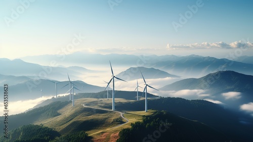 A Clean energy industry: Green energy wind farms on high mountains, aerial photography
