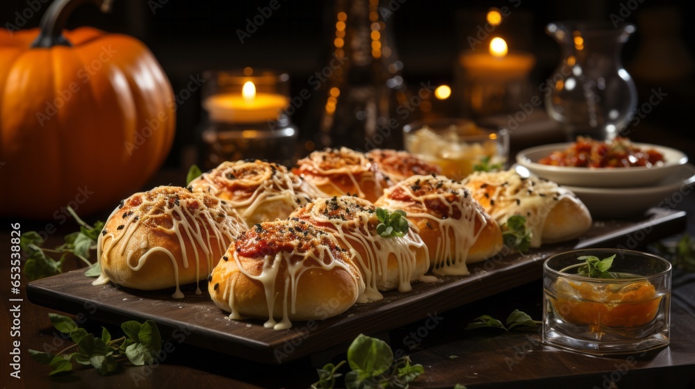 On a table, surrounded by flickering candles and festively decorated with seasonal vegetables and pumpkins, sits a lavish halloween feast of pumpkin pastries and other delicious dishes On a table, surrounded by flickering candles and festively decorated with seasonal vegetables and pumpkins, sits a lavish halloween feast of pumpkin pastries and other delicious dishes