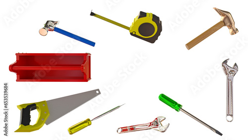 tools toolbox kit hammer metre wrench screwdriver saw top view isolated background - 3d rendering