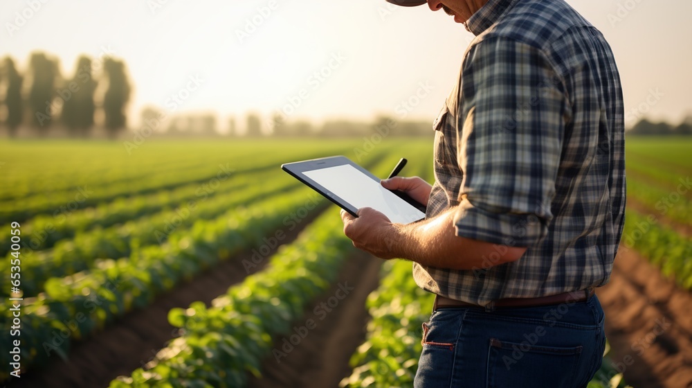 A Farmers use tablets to analyze new data and conduct planting trials to find a variety of ways to develop and improve crop performance. - obrazy, fototapety, plakaty 