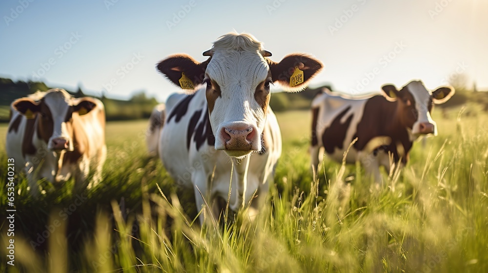 Close - up of a herd of barbarian cows grazing on the rich green pasture in the morning Close - up of a herd of barbarian cows grazing on the rich green pasture in the morning
