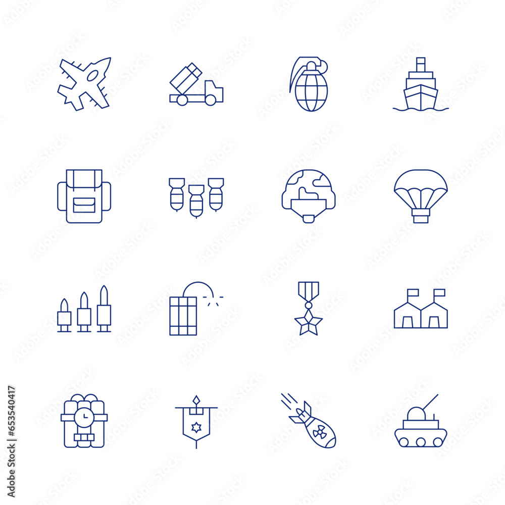 War line icon set on transparent background with editable stroke. Containing aircraft, artillery, backpack, bomb, bullets, dynamite, flag, grenade, helmet, medal, nuclear bomb, ship, supply, tank.