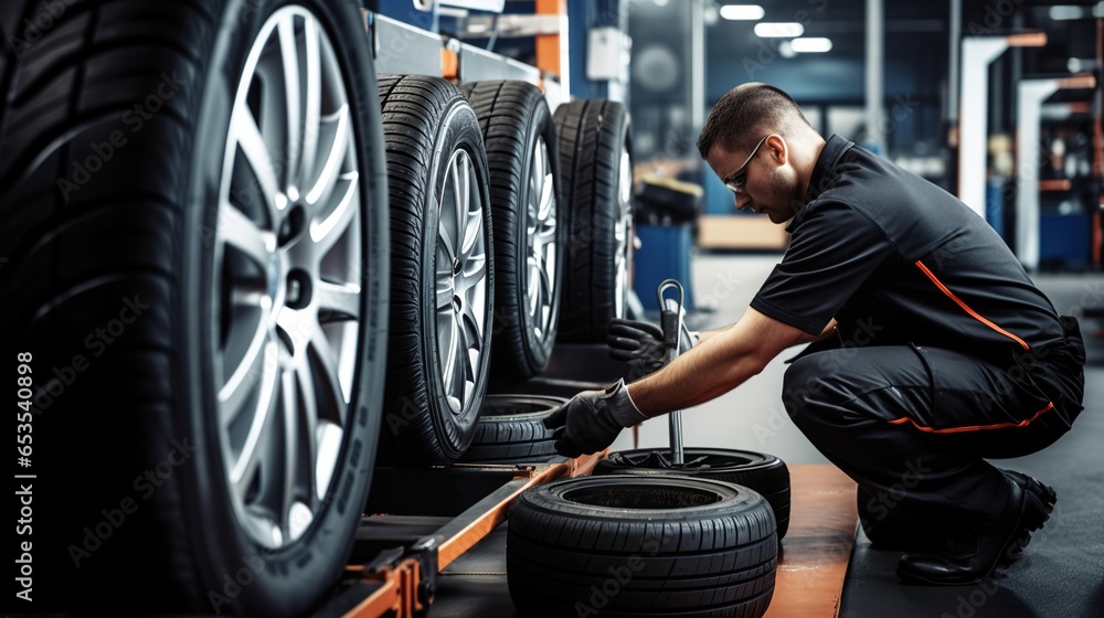 A Tire industry: Technician in tire changing service center working, technician changing tires, technician using modern tools, new tires, tire warehouse. A Tire industry: Technician in tire changing service center working, technician changing tires, technician using modern tools, new tires, tire warehouse.