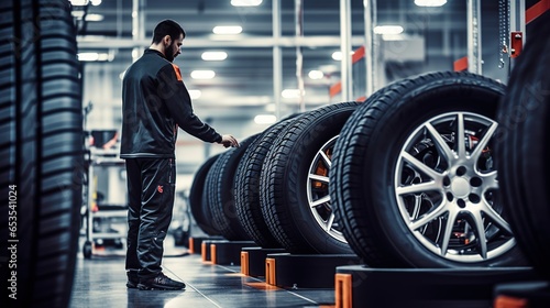 A Tire industry: Technician in tire changing service center working, technician changing tires, technician using modern tools, new tires, tire warehouse.