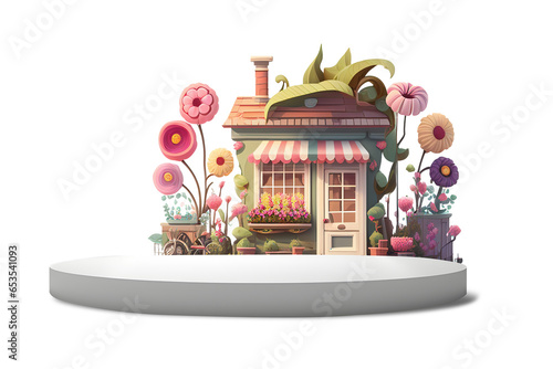 3d illustration house and flowers plants bush floral arrangement garden with podium empty stage display presentation product design, isolated on white and transparent background, ai generate