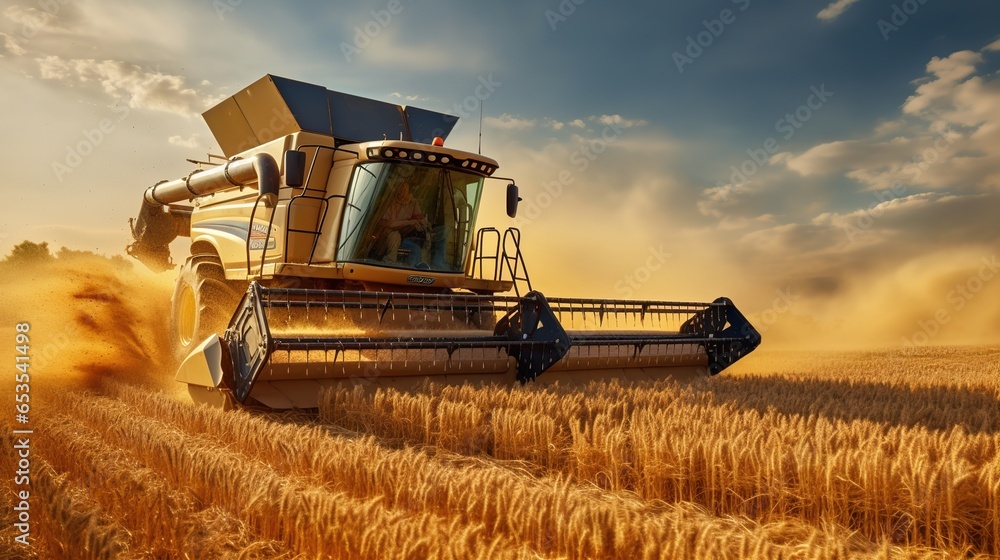 Obraz premium A Combine harvester harvests ripe wheat. Ripe ears of gold field on the sunset cloudy orange sky background. Concept of a rich harvest.