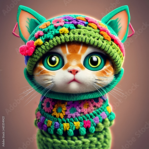 Cute chibi cat, highlighted crochet, 3d rendering, Kitten in green Hoodie Sweater.
