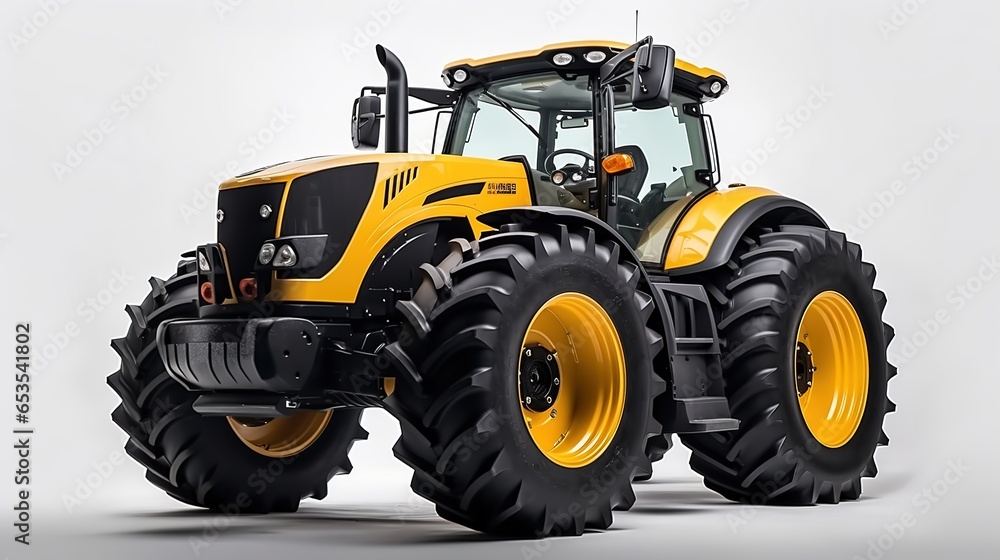A Close - up view of modern wheeled tractor isolated on clear background. A Close - up view of modern wheeled tractor isolated on clear background.