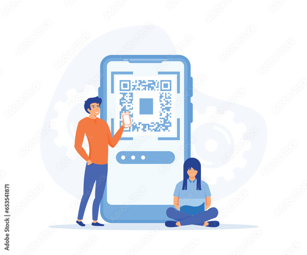 QR code scanning concept, people use smartphone and scan QR code for payment and everything, flat vector modern illustration QR code scanning concept, people use smartphone and scan QR code for payment and everything, flat vector modern illustration