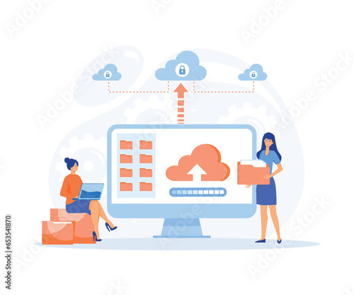 technology file upload backup on cloud server storage concept. team administrator and developer working with computer monitor. flat vector modern illustration