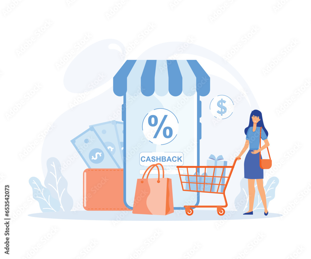 Online cashback service for purchase with phone screen.Internet money saving.Bonus program, flat vector modern illustration Online cashback service for purchase with phone screen.Internet money saving.Bonus program, flat vector modern illustration