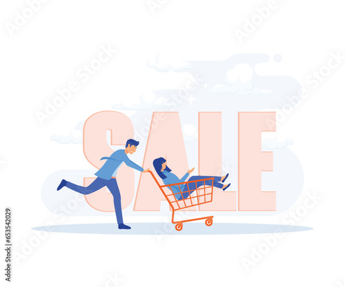 Big sale shopping. People shop online. E-commerce and online shopping. Special offer or big seasonal sale, Man push shopping cart with woman. flat vector modern illustration