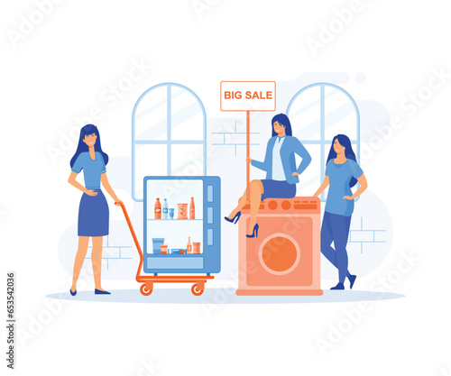 Big Sale of kitchen appliances, happy buyers at the sale of equipment. flat vector modern illustration 