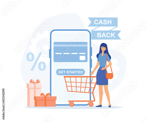 Cash back loyalty program, bonus. credit card and mobile phone with button get started cashback. flat vector modern illustration